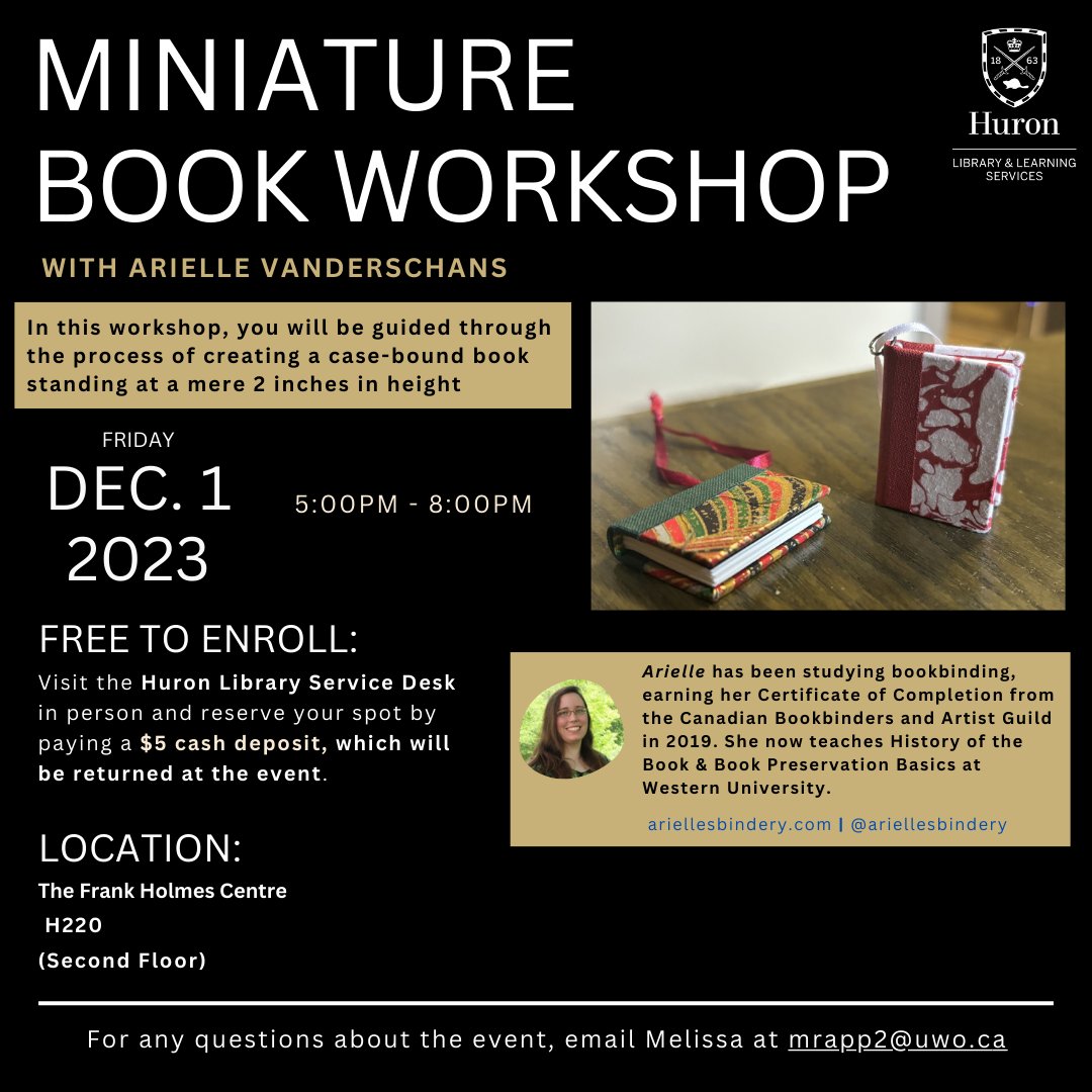 The Huron Library will be hosting a Miniature Book Workshop on Friday, December 1st from 5-8 pm with Arielle VanderSchans! 

26 spots available! Register at the Library Service Desk. A $5 cash deposit is required to hold your spot, which will be returned to you at the event.