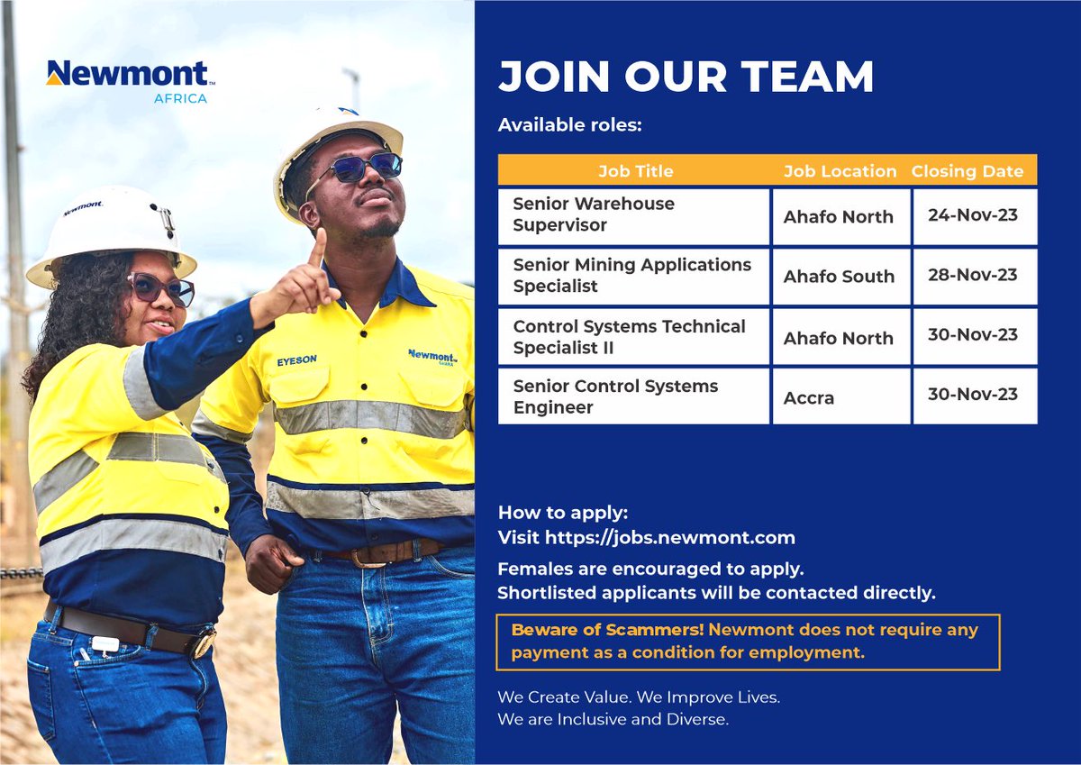 Newmont_Africa's tweet photo. Join our diverse and talented team working to further our Purpose of creating value and improving lives through sustainable and responsible mining. Check out all our current vacancies and apply by visiting https://t.co/5fnIlFmT6g. https://t.co/IEZuSLj7Uw