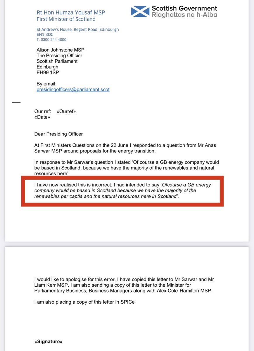 staylorish's tweet photo. 7/ And Humza Yousaf writes to the Presiding Officer, telling her this is what he had always intended to say.
Based on the unredacted emails, this cannot have been true. https://t.co/zzRe0jfF4P