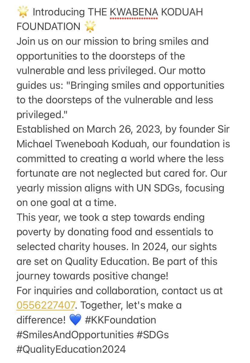 _Kwabena_Kodua's tweet image. Be part of this journey towards positive change!
For inquiries and collaboration, contact us at 0556227407. Together, let's make a difference! 💙 #KKFoundation #SmilesAndOpportunities #SDGs #QualityEducation2024
