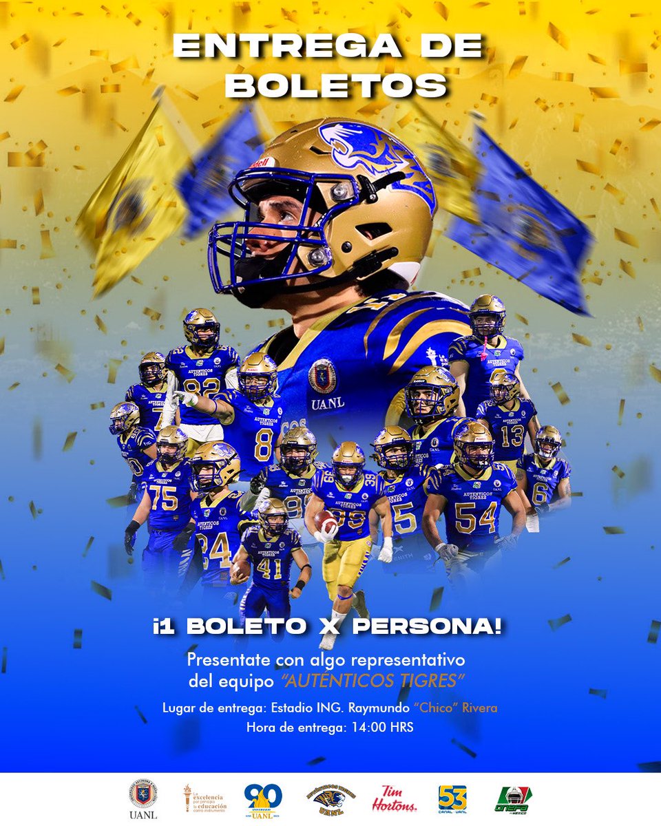 UANL_Autenticos's tweet photo. ¡AUTÉNTICO!🐯

Acude hoy 23 de Noviembre al Estadio  Ing. Raymundo “Chico” Rivera en punto de las 2:00 pm a la entrega de Boletos para nuestra Final Clásico Regio Estudiantil.🤩

#ATMAYOR.  #SERAUTENTICO🐯🏈 https://t.co/NsJcEw0lY6