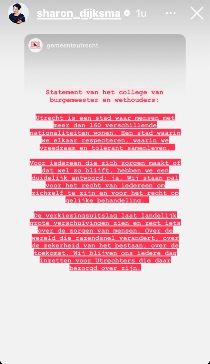 “Wij staan pal voor het recht van iedereen om zichzelf te zijn en het recht op #gelijkebehandeling ”

Hartverwarmend statement van burgemeester @sharon_dijksma en het hele Utrechtse college #utrecht 
💚♥️💙💛🧡🩷🩵🤍🤎🧡