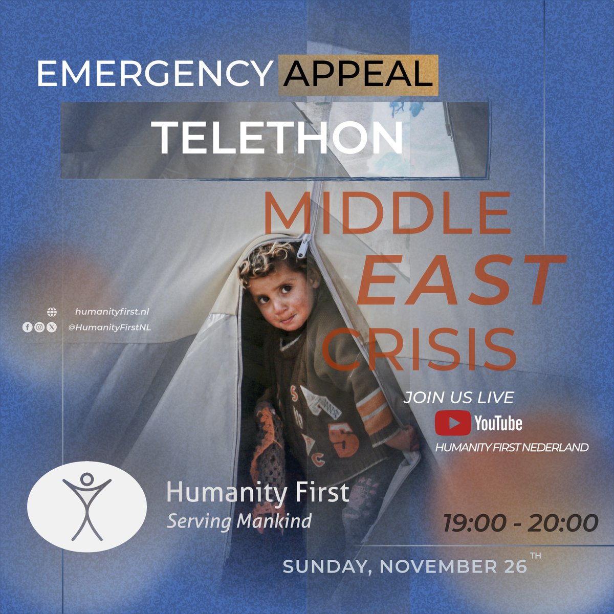 HumanityFirstNL's tweet photo. Join our Telethon, November 26th, 19:00-20:00, aiding Palestinian civilians. 

Urgent help needed: 
- Over 1.5M displaced
- Over 13,300 dead, including 5,500 children

🔗 Donate: https://t.co/n1sBHg0nld

#CeaseFireNow #EmergencyAppeal #HumanityFirstNL https://t.co/jjILVNwlzF