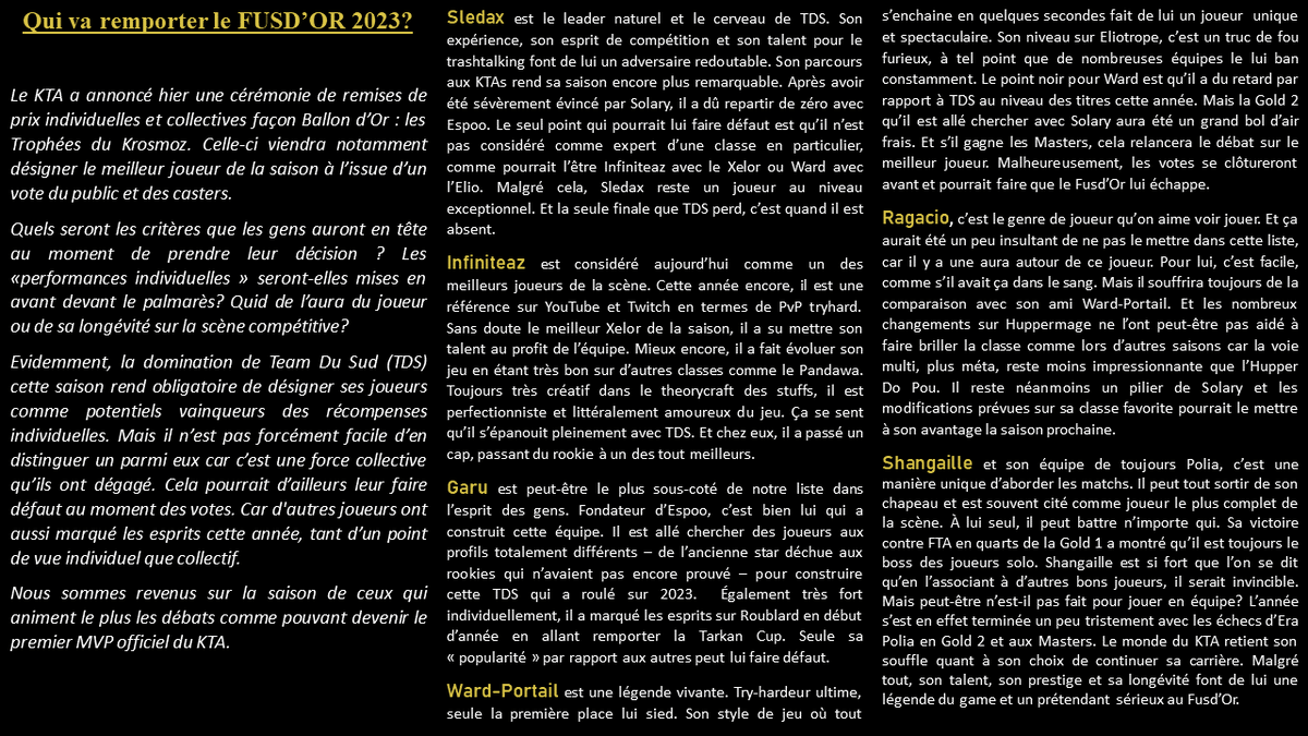 [DOFUS MVP OMG] Le tout premier FUSD'OR va être décerné par le KTA lors de la cérémonie des trophées du Krosmoz! 🏆⭐️
Nombreux sont les prétendants, mais un seul sera le numéro uno🥇
Qui est favori pour l'emporter?
On vous dit tout ...💪🎮