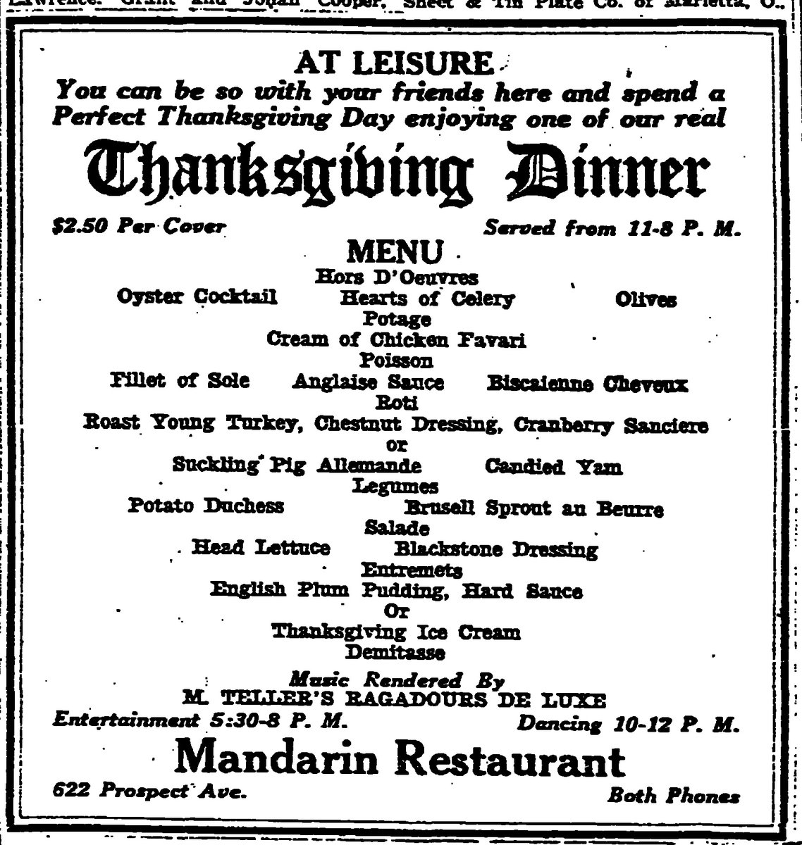 Thanksgiving Dinner at the Mandarin, from the Plain Dealer, November 24, 1920. #ThisWasCle #Cleveland #Thanksgiving