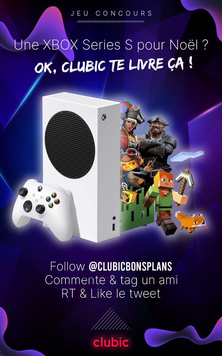 🔥 #JeuConcours 

Pour le #BlackFriday, Clubic te livre une console  XBOX Series S chez toi. 

👉Follow <a href="/ClubicBonsPlans/">Clubic Bons Plans</a>
👉Lâche un commentaire et tag un ami 
👉RT &amp; Like

TAS le 27/11 à 17h
Bonne chance ! 🍀

Découvre le TOP des offres du Black Friday : bit.ly/3QSvpEb