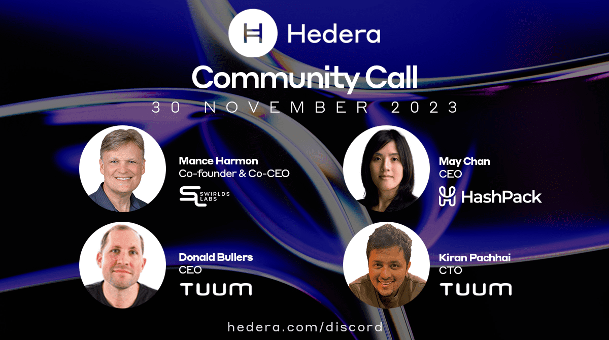 Hedera (@hedera) on Twitter photo ๐ฅ Join us on Discord next week for November's Community Call with #Hedera Co-Founder <a href="/ManceHarmon/">Mance Harmon</a>, <a href="/HashPackApp/">HashPack Wallet</a> CEO <a href="/may_hashpack/">May Chan</a>, and the <a href="/TuumTech/">Tuum Technologies</a> team!
๐ ๏ธ <a href="/MetaMask/">MetaMask.eth ๐ฆ</a> Snaps, <a href="/WooCommerce/">Woo</a> integration, <a href="/WalletConnect/">WalletConnect</a> developments, and more!
Register โ๏ธ discord.com/events/3738891โฆ ๐ฅ Join us on Discord next week for November's Community Call with #Hedera Co-Founder <a href="/ManceHarmon/">Mance Harmon</a>, <a href="/HashPackApp/">HashPack Wallet</a> CEO <a href="/may_hashpack/">May Chan</a>, and the <a href="/TuumTech/">Tuum Technologies</a> team!
๐ ๏ธ <a href="/MetaMask/">MetaMask.eth ๐ฆ</a> Snaps, <a href="/WooCommerce/">Woo</a> integration, <a href="/WalletConnect/">WalletConnect</a> developments, and more!
Register โ๏ธ discord.com/events/3738891โฆ
