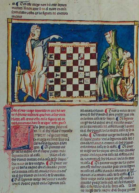 #BOTD #AlfonsoX (1221-1284)
He commissioned the #LibroDeLosJuegos1283, a translation of Arabic texts on #chess, #dice and tables games.
#ChessHistory #ChessLiterature #MiddleAges #ChessInVisualArts #IlluminatedManuscript
📷 Folio 10v: Two men and a servant (Chess Problem No. 8)