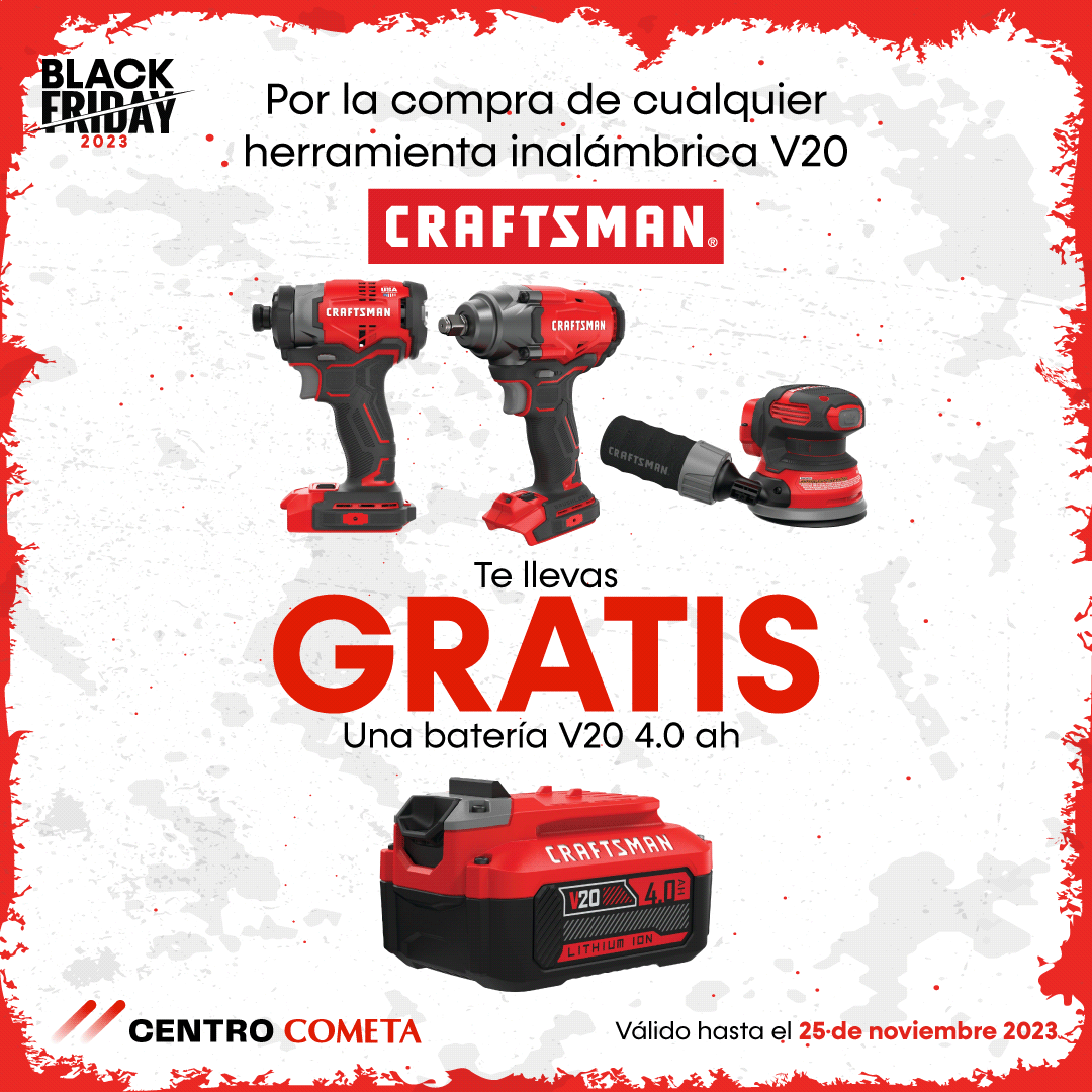 ¿Necesitas una herramienta inalámbrica? 🤔

Por la compra de cualquier herramienta inalámbrica de la marca Craftsman te llevarás GRATIS una batería V20 4.0 ah.

¡No esperes a que se agoten! 🤭

#GrupoCometa #CentroCometa #BlackFriday #Craftsman #heramientas