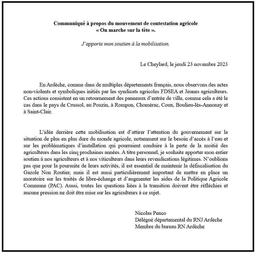 ArdecheRnj07160's tweet photo. Mouvement de contestation agricole « On marche sur la tête ».

Voici mon communiqué :

#agriculture
#onmarchesurlatête
#ardèche
#rnj
#rn07 https://t.co/qGz1fwDoas