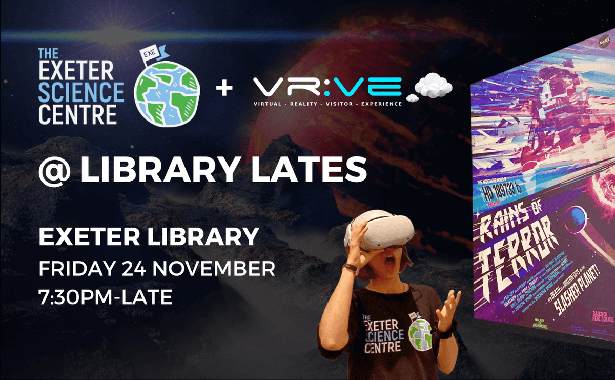 ExeSciCentre's tweet image. Join us this Friday evening @ExeterLibrary with @thevrve for a taste of some awesome @UoE_Astro astrophysics research from our recent exhibition! 🤩 🪐

We&apos;ll be outside the silent disco 🕺💃 on the 2nd floor - more info + tickets: eventbrite.co.uk/e/library-late…