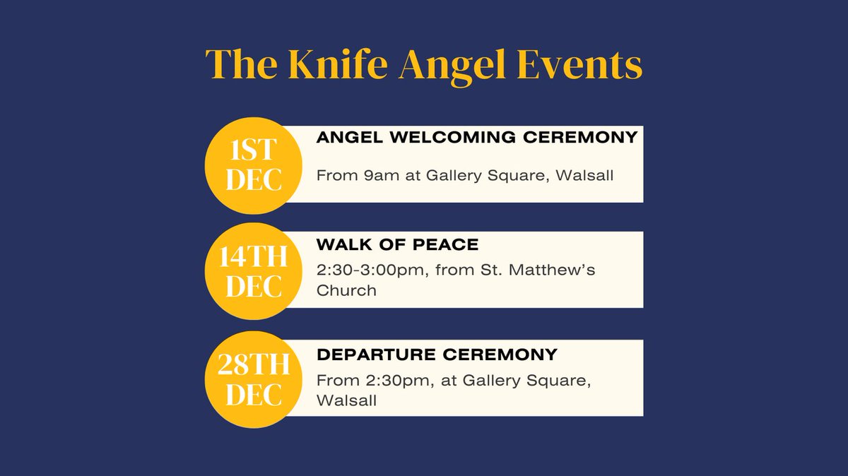 These are the 3 events that are taking place in December regarding the knife angel. 
For more information you can contact martha.lole@walsall.gov.uk. 

Will you go and see the knife statue?
#knifecrimeawareness  #jamesbrindleyfoundation #knifeangelwalsall