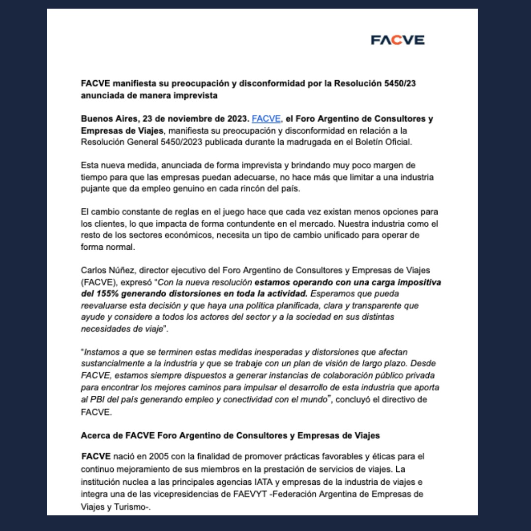 FACVE_ARG's tweet photo. 🛩️ #COMUNICADO
FACVE, el Foro Argentino de Consultores y Empresas de Viajes, manifiesta su preocupación y disconformidad en relación a la Resolución General 5450/2023 publicada durante la madrugada en el Boletín Oficial.
#facve #facveconecta #viajes #agenciasdeviaje #agencias https://t.co/3xLDzeibZ4