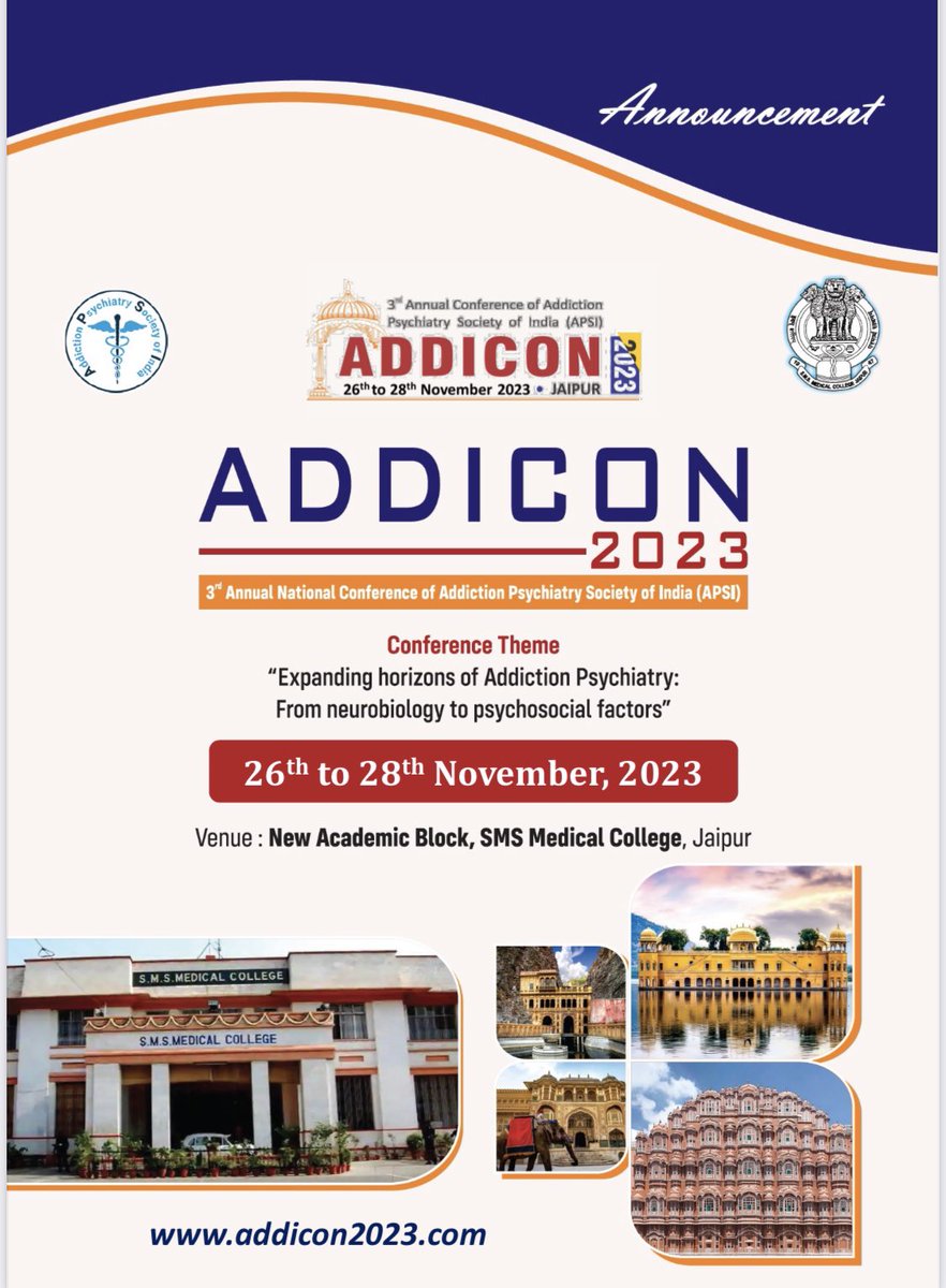 Addicon2023's tweet image. After NDDTC AIIMS New Delhi and NIMHANS Bangalore, 3rd National Addiction Psychiatry Conference -“Addicon 2023” is going to be Organised at SMS Medical College Jaipur (The Pink City) From 26th November to 28th November 2023 &amp;amp; it’s going to be exciting, have u registered for it ?