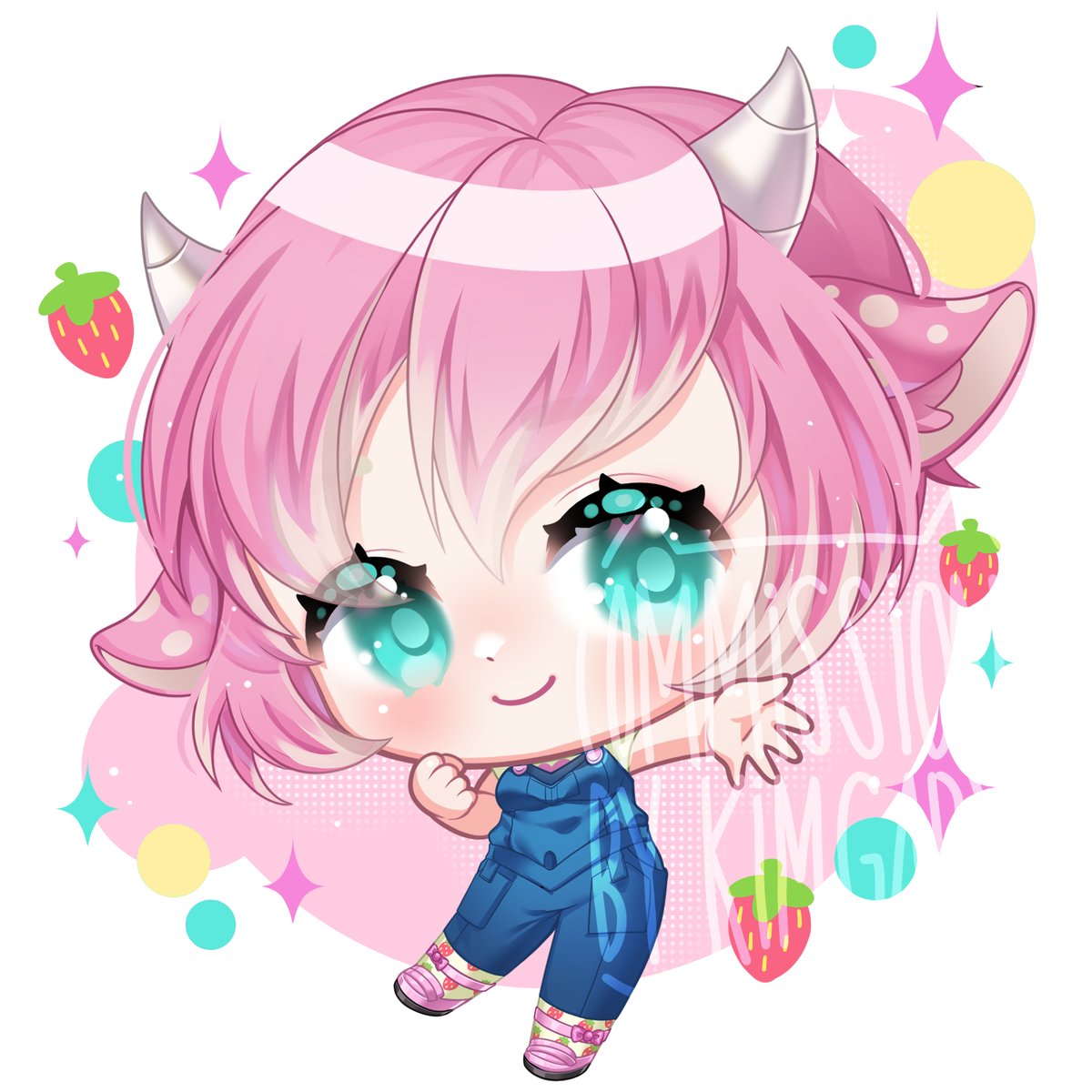 solo overalls horns pink hair animal ears chibi smile  illustration images