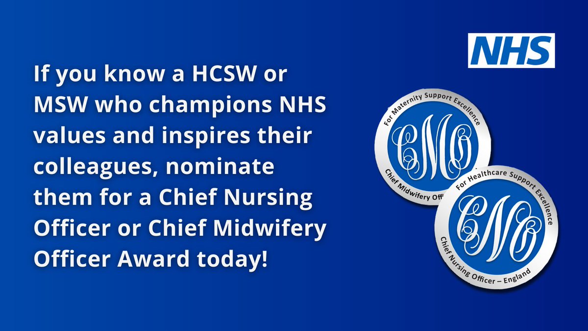 The healthcare and maternity support worker awards encourage recognising the difference our support workforce makes. If you know an inspiring and invaluable HCSW or MSW, nominate them! #NursingSupportWorkersDay #teamCNO #TeamCMidO england.nhs.uk/nursingmidwife…