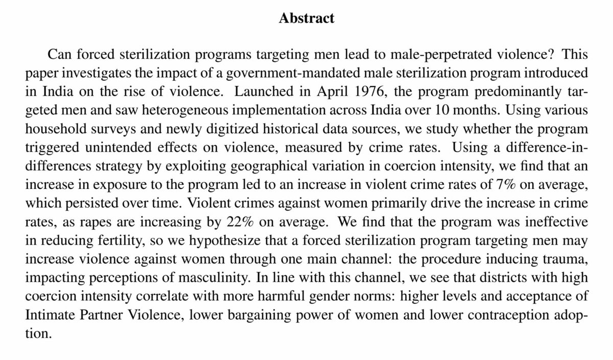 SarahVincent_'s tweet photo. Happy to share my #JMP « Male Sterilization and Persistence of Violence: Evidence from Emergency in India », w/ @AditiSingh095 

Question: Does forced male sterilization lead to an increase in violence?

Answer: Yes, against women and persistent

#EconJobMarket #EconTwitter 1/11 https://t.co/qsALhWzjD6