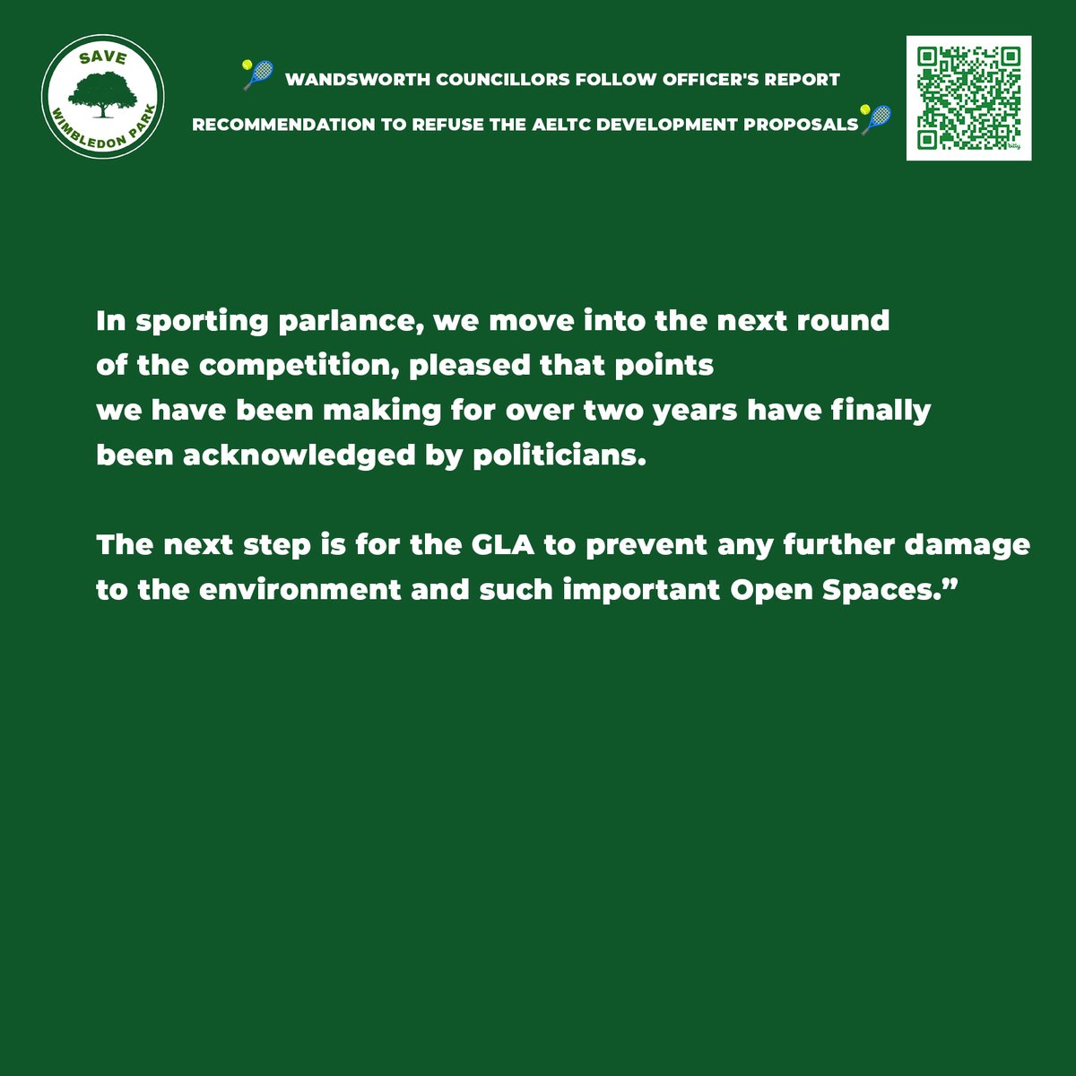 Subject: 🎾 WANDSWORTH COUNCILLORS FOLLOW OFFICER'S REPORT RECOMMENDATION TO REFUSE THE AELTC DEVELOPMENT PROPOSALS
#gla #GreaterLondonAuthority #refusal #aeltc #planningpermission #expansion #metropolitanopenland #MOL