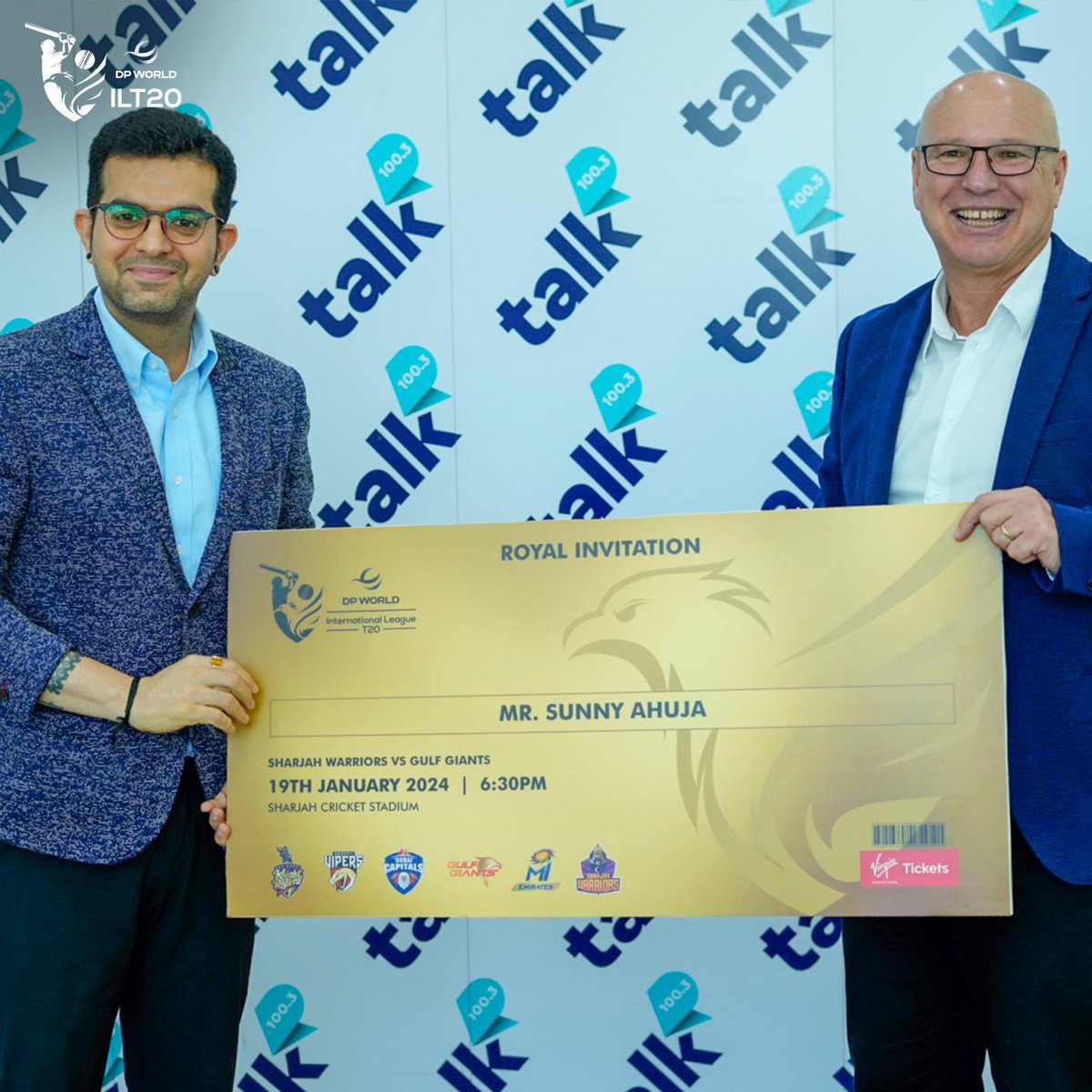 ILT20Official's tweet photo. David White, CEO of DP World ILT20, engaged in an exciting conversation with Mr. Sunny Ahuja and his team at Fun Asia Group as he presented them with a Royal Invitation for the upcoming #DpWorldILT20 Season 2.
#Tickets #Season2 #Cricket #BIG1062 #Talk1003 #Beat978 https://t.co/oEPHbEHym0