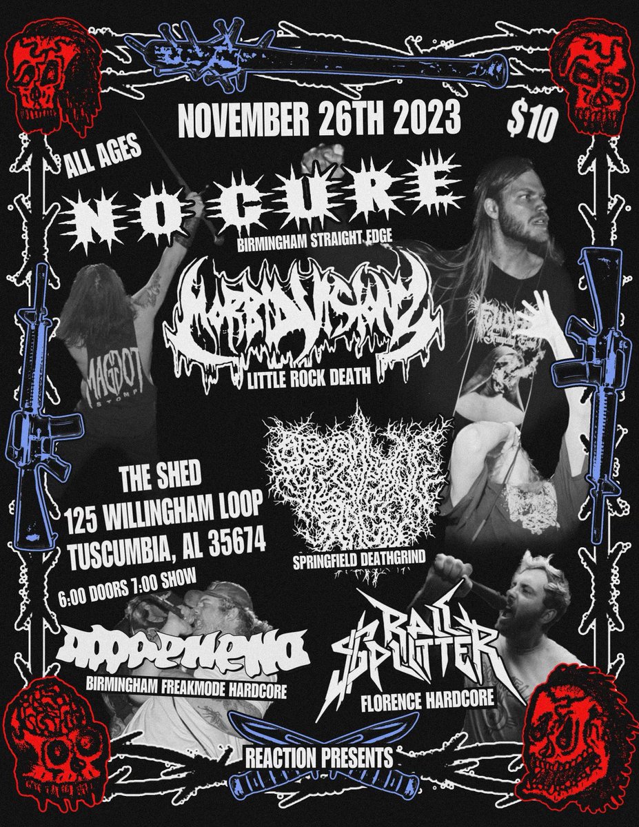 railsplitter256's tweet photo. This Thanksgiving, do not eat all of your food. Instead, bring it to us Sunday when we play The Shed with @nocurexxx, @MorbidVisionzdm, @PRIMITIVERAGEHC &amp; @AlApprehend. This is not a suggestion, this is a warning. https://t.co/tIR64HRqpy