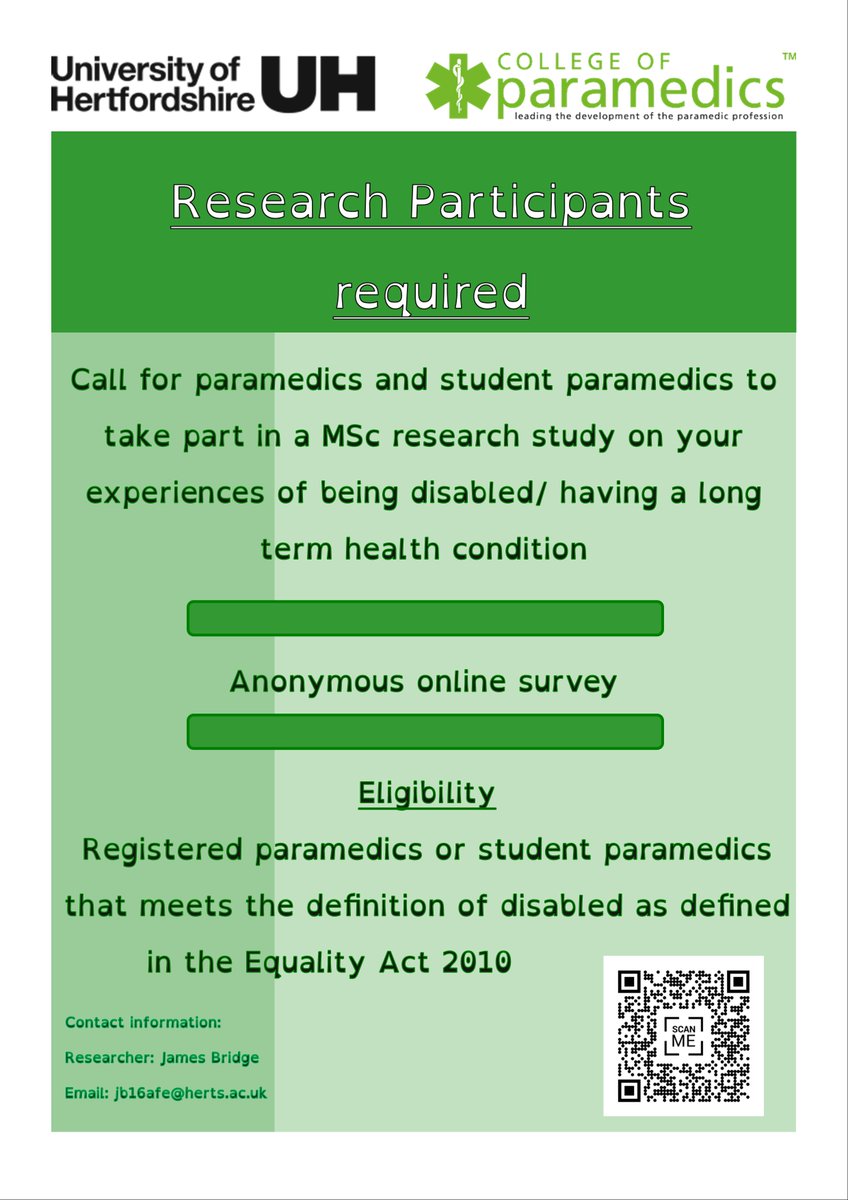 Akkikko's tweet photo. Are you a paramedic or student paramedic that has a long-term health condition or disability as defined by the Equalities Act 2010? Then I'd like to invite you to take part in my research as part of my MSc! More details can be found here: https://t.co/S8hWaL9xDt https://t.co/X2t4x1biah