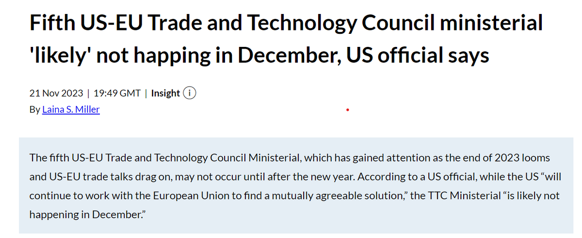 News outlets are now following up on MLex scoop by <a href="/LainaSMiller/">Laina Sara Miller</a> on rescheduling of the next EU-US trade and technology council meeting to early next year. 

bloomberg.com/news/articles/… via <a href="/bpolitics/">Bloomberg Politics</a>