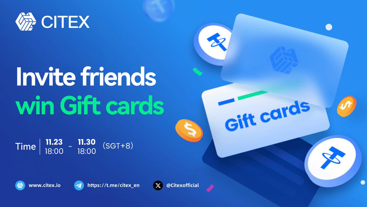 🧐Invite friends, win Gift cards ⏱️2023/11/23 18:00-11/30 18:00(SGT+8)  ✓Follow@Citexofficial ✓RT & Tag 3 frds & Like 🍀Pick 100 users airdrop of  $200 tokens prize pool 👉JOIN:https://t.co/vgdUEeGZi3  👉MORE:https://t.co/XUDu6FuM7X #Airdrop #Crypto ...