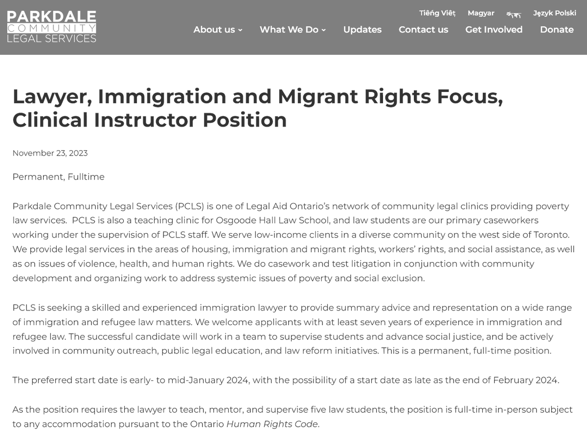 Canadian Immigration/Refugee Lawyers: @ParkdaleLegal is hiring My time as Academic Director at PCLS was one of the highlights of my career so far parkdalelegal.org/news/lawyer-im…