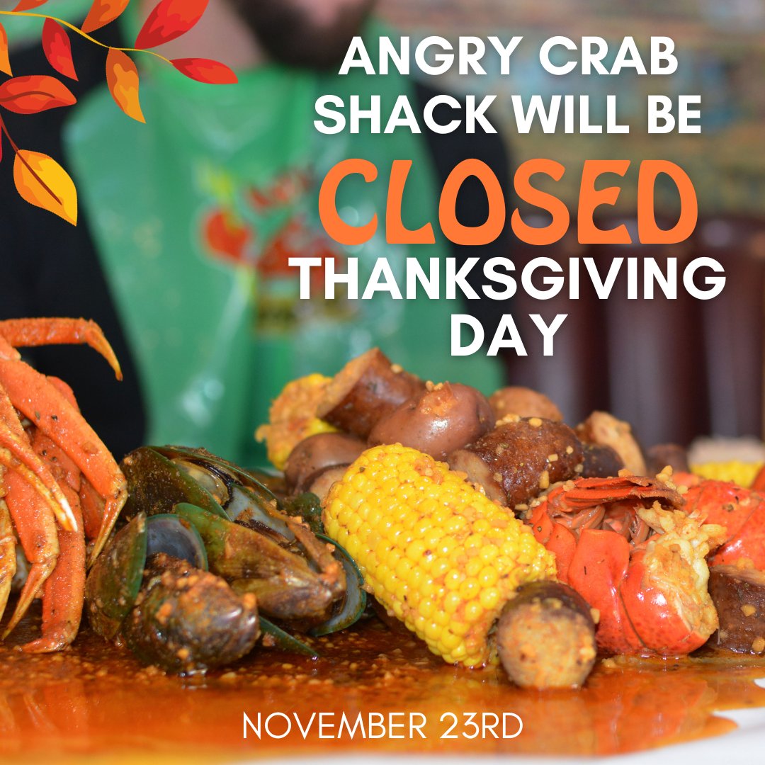 Happy Thanksgiving to all of our crabbin' family and friends! Angry Crab Shack will be closed Thanksgiving Day to let our amazing crabbin' crew spend some quality time with their family and friends. We will resume regular operations on Friday. #HappyThanksgiving