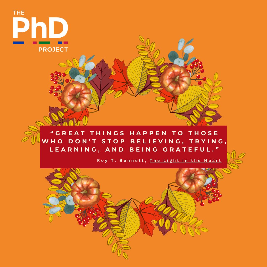 ThePhDProject's tweet image. We wish you and your loved ones a wonderful holiday break. Thank you to The PhD Project family for your continued support of our important mission! #ThePhDProject #GiveThanks #GivingTuesday  #BuildingDiversityTogether #RepresentationMatters