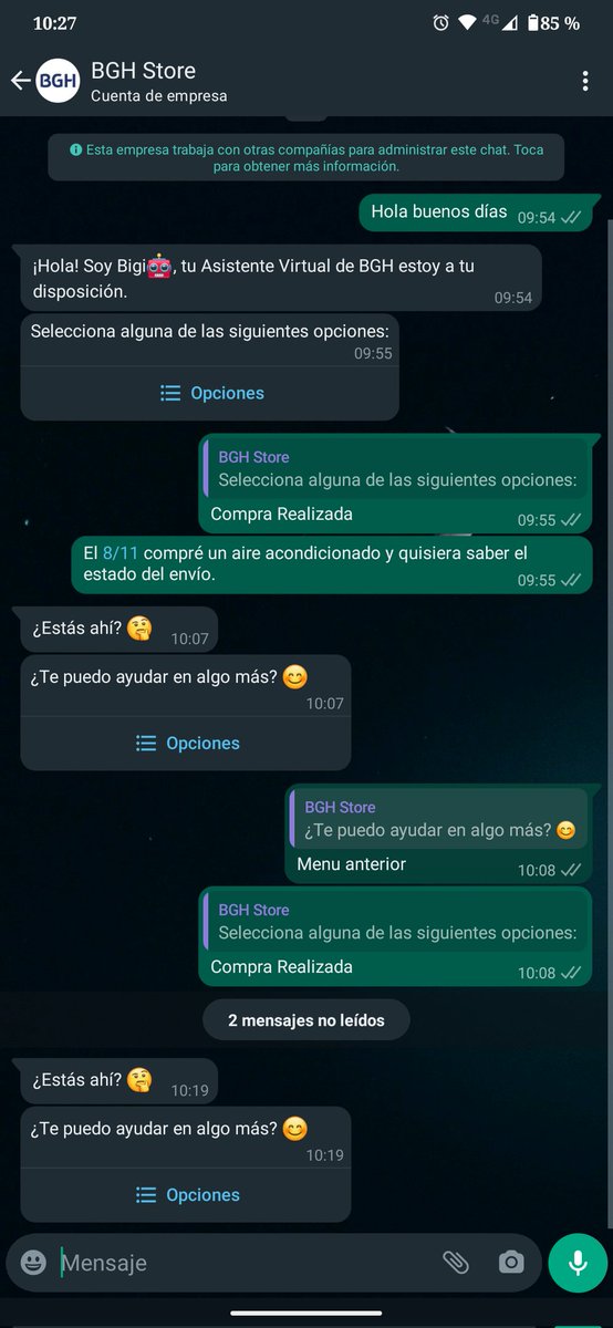 s_mariabelen's tweet photo. Desde el 8/11 esperando que me entreguen el aire acondicionado que compre. @BGH_SA te cuento que tu bot está tildado. Me podrían ayudar? 
@OCACorreoOK  la entrega estaba programada para el 20 y ahora me dicen que no está programada? 
Espero respuestas 😉 https://t.co/maiz7azWnR