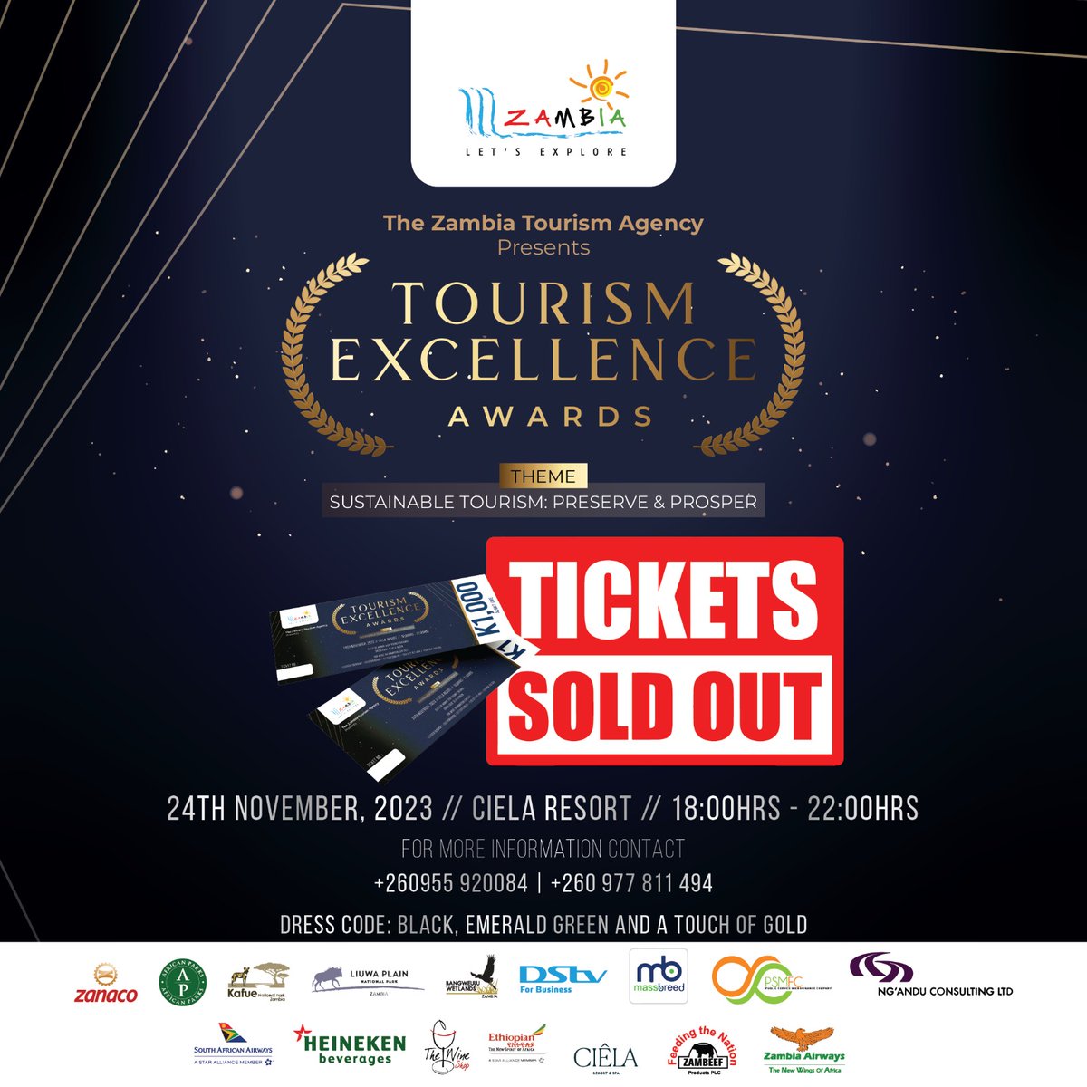 TourismZambia's tweet photo. βWE'RE SOLD OUTοΈβοΈ
See you tomorrow!!!
#tea #tourism #excellence #awards #ciela #sustainabletourism #Zambia #1day2go #prosper #promotingexcellence https://t.co/Z2HaSEQF7J