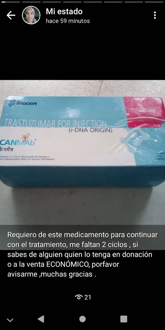Evelyn Rodríguez, paciente con cáncer, necesita este medicamento. Quien pueda y desee ayudarla, será un beneficio para su salud. Su contacto es: 04241726271. ¡Gracias!