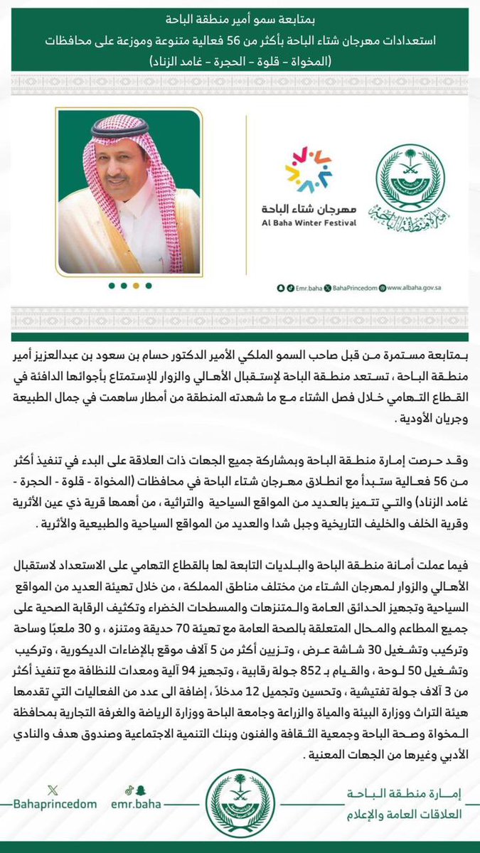 .. بمتابعة سمو أمير المنطقة استعدادات مهرجان شتاء الباحة بأكثر من 56 فعالية متنوعة وموزعة على محافظات القطاع التهامي .. والاستعداد الأمثل لاستقبال الزوار لمهرجان الشتاء من خلال تهيئة العديد من المواقع السياحية والحدائق العامة والمتنزهات والمسطحات الخضراء ..