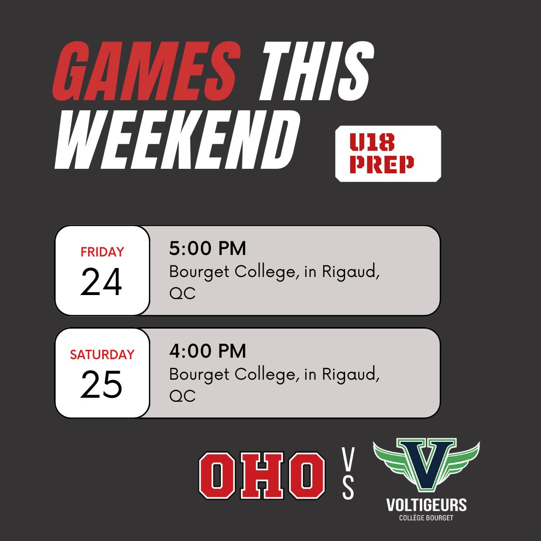 Your U15 Prep's are off to Kitchener this weekend for the Kitchener Blue Line U15 AAA Tournament 🙌 🏒 🔥 

The U18s are also on the road this weekend, heading to Bourget College in Quebec to play two regular season CSSHL games #LetsGetIt 💪 🏒 

#OkanaganHockeyOntario | #OHO