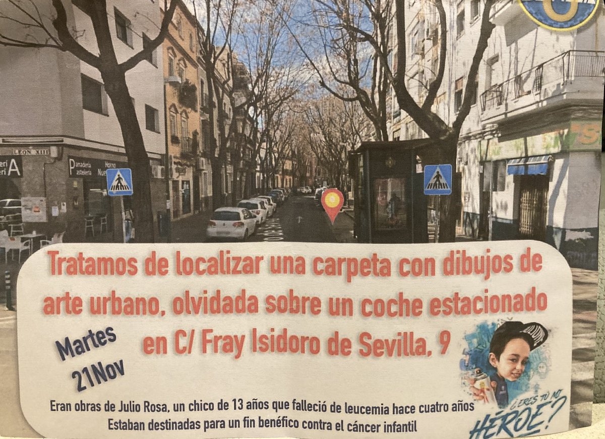 Se ha perdido por la zona del Hospital Macarena una carpeta con dibujos que hizo un chico de 13 años que falleció de leucemia hace 4 años. Eran para recaudar fondos para niños con cáncer… por si alguien lo encuentra. Que avise. Gracias