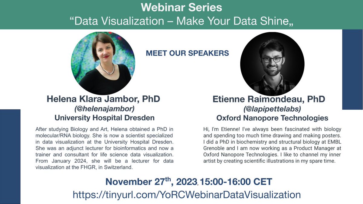 EZS_YoRC's tweet image. Only a few days left until the first and free #YoRC Webinar on "Data Visualization - Make Your Data Shine"
Monday, Nov 27th at 3pm CET!!!
Learn more about our two speakers @helenajambor and @lapipettelabs here 👇
Don't forget to register:
tinyurl.com/YoRCWebinarDat…