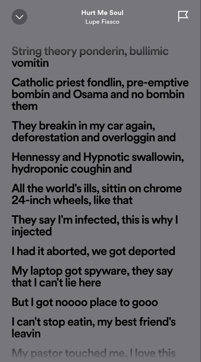chronicalihere's tweet photo. Crazy to think of now, but imagine, at the height of the War on Terror hysteria, Patriot Act censorship and anti-Muslim imperialist fervor, on his debut album Food and Liquor, released through a major label in Atlantic Records, Lupe opened by reciting the Fatiha, and then had songs like American Terrorist and Hurt Me Soul on there. It went on to have multiple Grammy nominations and a win.

I'll never forget being in grade 7 listening to that Intro for the first time in an Apple Store. The references to capitalist, racial and imperialist violence were endless. That moment is where so much of my political education began.