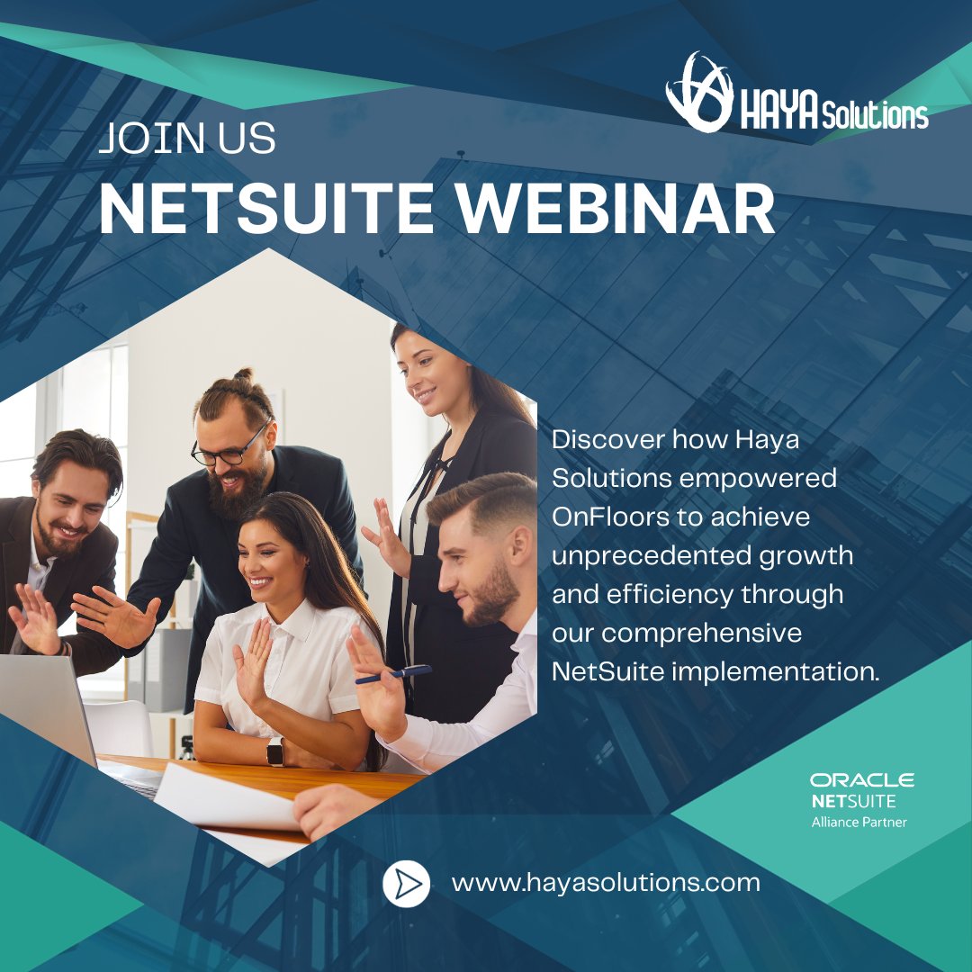 HayaSolutions's tweet image. 🔥 Discover how Haya Solutions empowered OnFloors to achieve unprecedented growth and efficiency through our comprehensive NetSuite implementation. 🚀

Don&apos;t miss this opportunity to learn from their journey! 🎓✨
 bit.ly/3FZNuLy
#NetSuiteWebinar #ClientSuccessStory