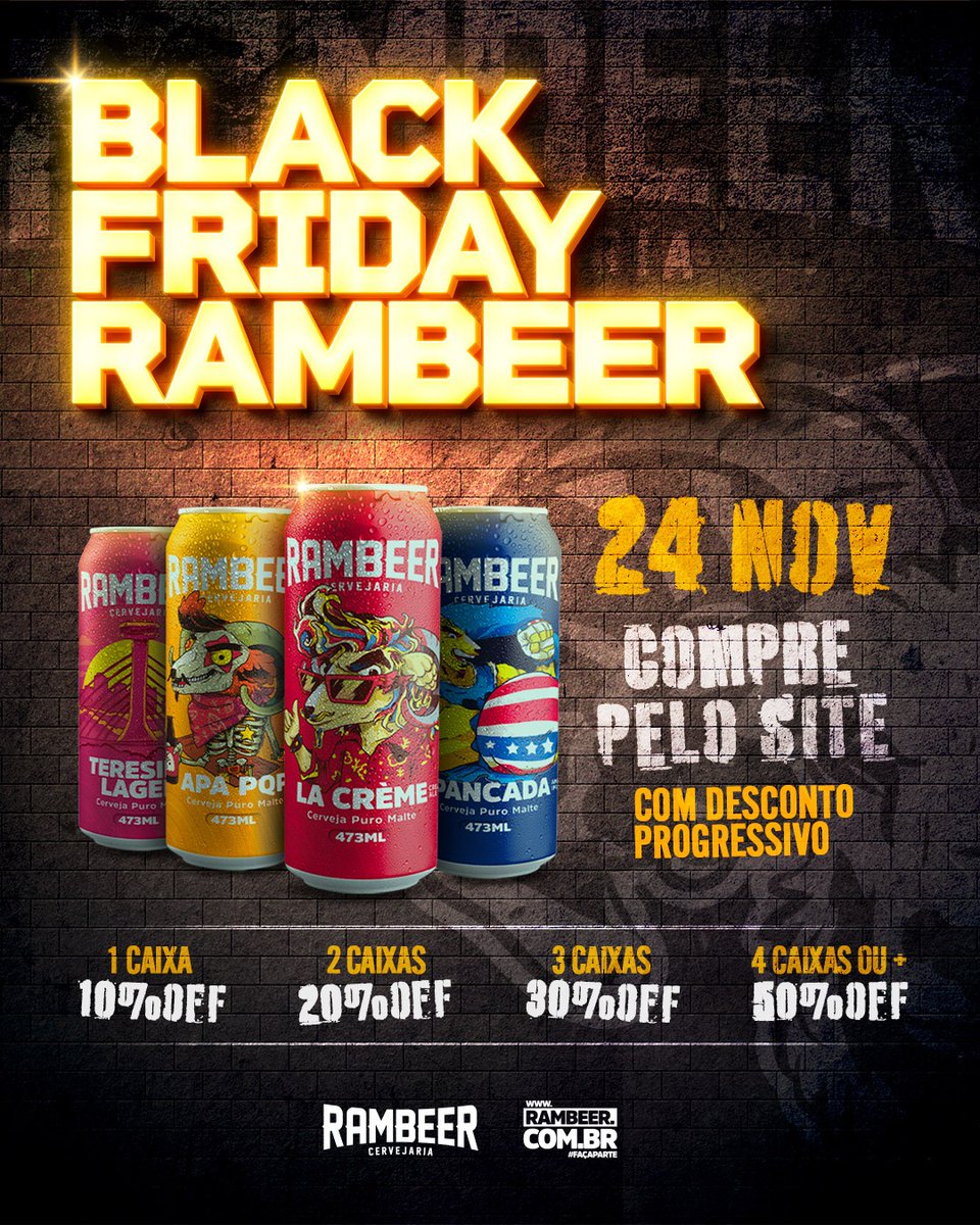rambeeroficial's tweet photo. Que cervejaria você conhece que tá dando 50% de desconto na Black Friday? Eu conheço uma: a Rambeer!!!! 🤩
Vai rolar amanhã, no nosso site, o desconto progressivo da Black Friday Rambeer!!! Descontos de 10%, 20%, 30% e 50% na compra das suas caixas favoritas! 🍻 https://t.co/xrJ2p9QMqr