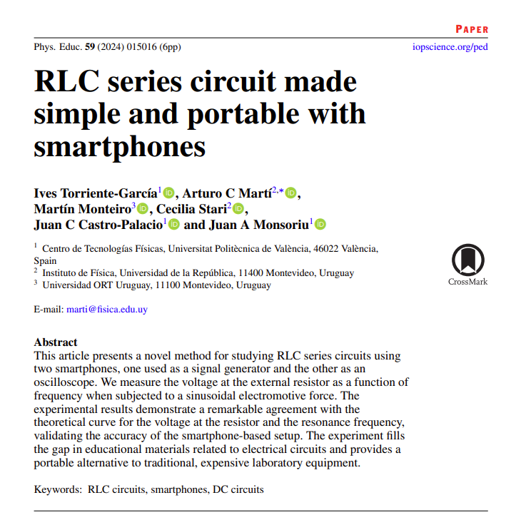 fisicamartin's tweet photo. New paper: "RLC series circuit made simple and portable with smartphones"
Physics Education 59(1) (2024) 015016 (6pp)

https://t.co/5RDzLlJkgR

#SmarterPhysics #SmartphonePhysics #Physics #Electronics #Education @IOPPublishing @IOPlatinamerica @Arturo_m1968 @JuanAntMonsoriu https://t.co/CYnOyARZVX