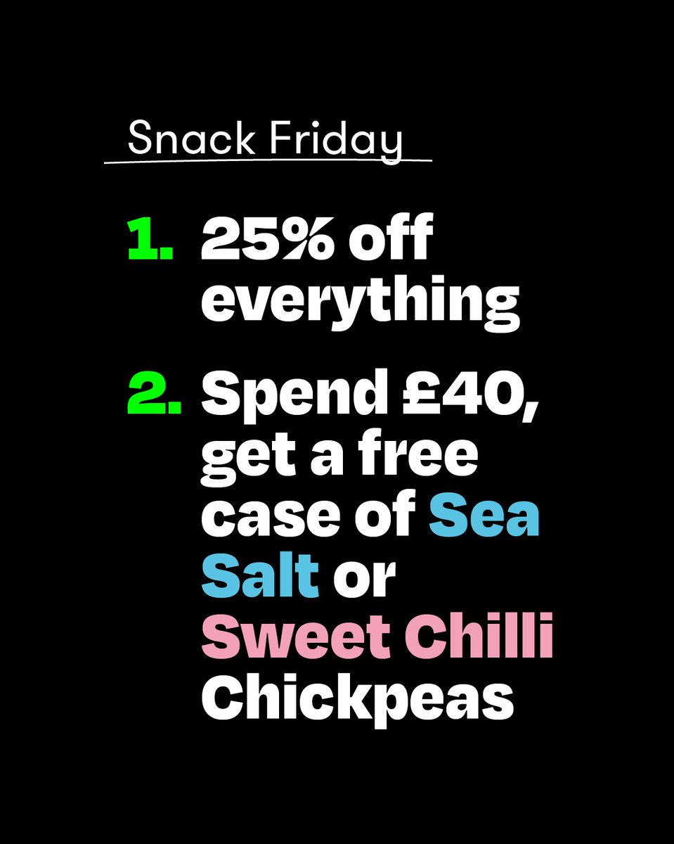 Snack Friday is crashing the party a bit early! Get 25% off on everything this weekend while stock lasts! And if you spend £40 or more, add yourself an extra case of sea salt or sweet chilli chickpeas for free, because why not? #snacks #snackfriday #blackfriday