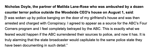 BURRUPHUB's tweet photo. BREAKING: Nick, Tahlia and Joana have been arrested and charged with Conspiracy for a protest outside the home of Woodside CEO Meg O’Neill after the ABC surrendered 4 Corners footage to WA Police

"We've been arrested but it's the ABC who stand accused"
  
Campaign statements👇 https://t.co/YV1Tah3eAB