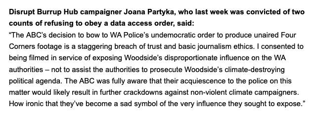 BURRUPHUB's tweet photo. BREAKING: Nick, Tahlia and Joana have been arrested and charged with Conspiracy for a protest outside the home of Woodside CEO Meg O’Neill after the ABC surrendered 4 Corners footage to WA Police

"We've been arrested but it's the ABC who stand accused"
  
Campaign statements👇 https://t.co/YV1Tah3eAB