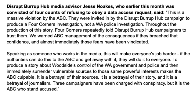 BURRUPHUB's tweet photo. BREAKING: Nick, Tahlia and Joana have been arrested and charged with Conspiracy for a protest outside the home of Woodside CEO Meg O’Neill after the ABC surrendered 4 Corners footage to WA Police

"We've been arrested but it's the ABC who stand accused"
  
Campaign statements👇 https://t.co/YV1Tah3eAB