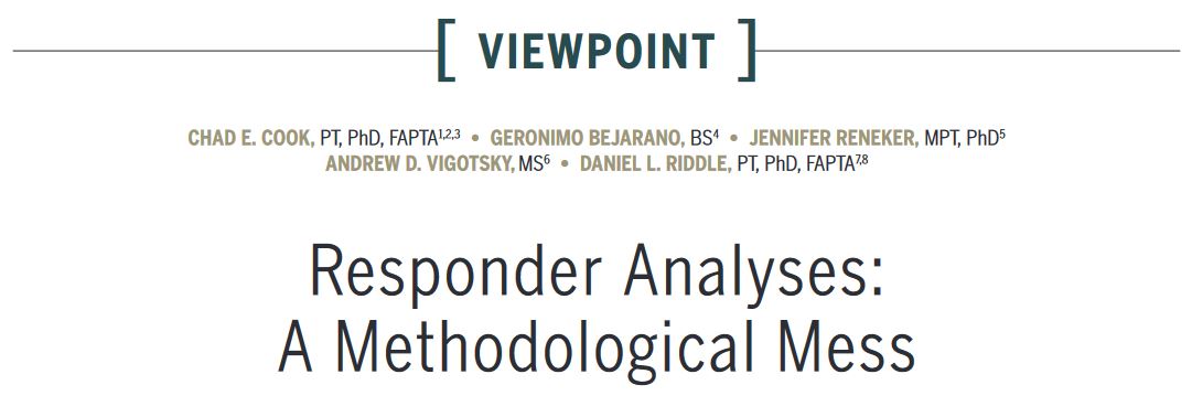 More concerns with using Minimal clinically important difference (MCIDs) measures with dichotomous cut-off points for interpretation 🙈

Our latest #Viewpoint reviews the methodological mess that is #ResponderAnalyses

Editorial ➡️ ow.ly/qwUf50Q6BJW

#yourJOSPT
