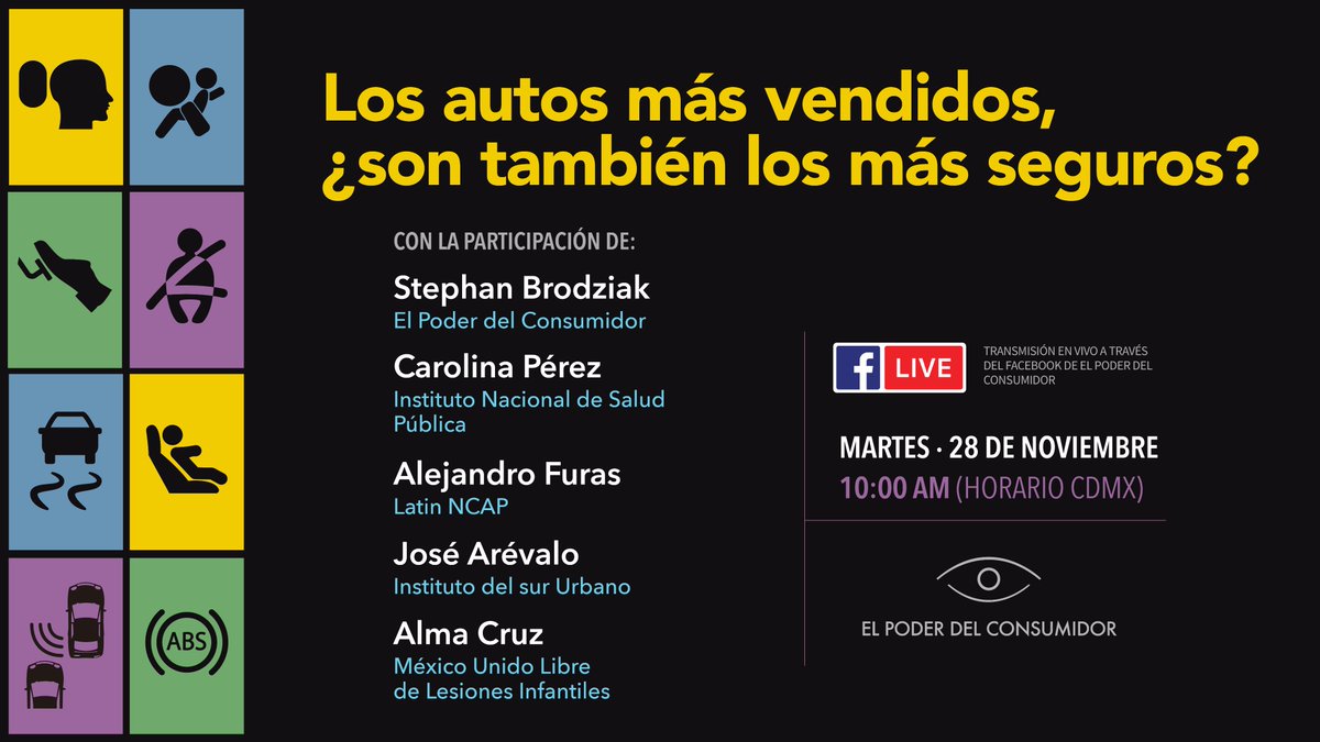 Poder del Consumidor (@elpoderdelc) on Twitter photo 🚘🧐¿Qué tan seguros son los autos más vendidos en México?
#Entérate el próximo 📅28 de noviembre⏰10 AM
💻vía FB Live
facebook.com/elpoderdelc
Participan:
<a href="/sbr9/">Stephan</a>, Carolina Pérez (<a href="/1CINyS/">CINyS - INSP</a>), Alejandro Furas (<a href="/LatinNCAP/">Latin NCAP</a>) José Arévalo <a href="/SURinstitute/">SUR | Instituto del Sur Urbano</a> y Alma Cruz de <a href="/MunliMx/">Munli Mx</a> 🚘🧐¿Qué tan seguros son los autos más vendidos en México?
#Entérate el próximo 📅28 de noviembre⏰10 AM
💻vía FB Live
facebook.com/elpoderdelc
Participan:
<a href="/sbr9/">Stephan</a>, Carolina Pérez (<a href="/1CINyS/">CINyS - INSP</a>), Alejandro Furas (<a href="/LatinNCAP/">Latin NCAP</a>) José Arévalo <a href="/SURinstitute/">SUR | Instituto del Sur Urbano</a> y Alma Cruz de <a href="/MunliMx/">Munli Mx</a>