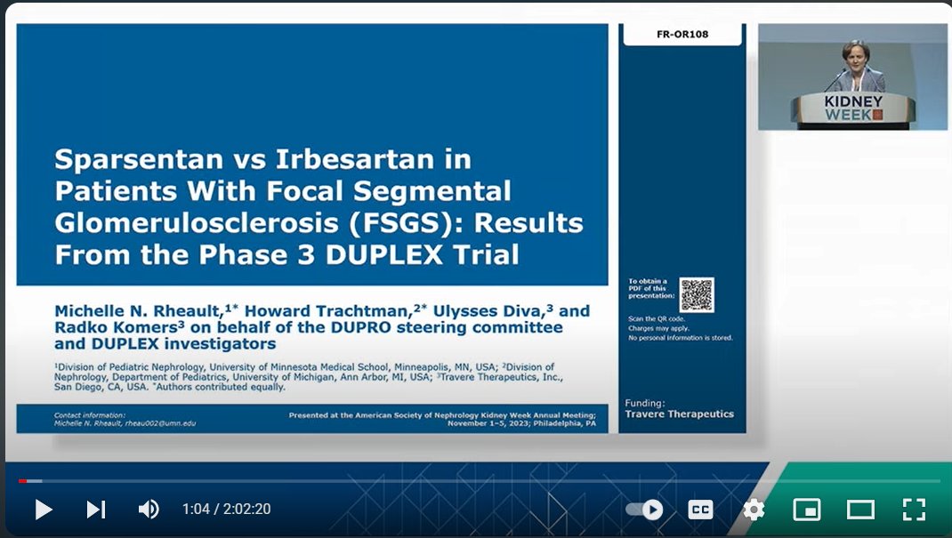 #KidneyWk pearls continues:

Sparsentan (SPAR) vs. Irbesartan (IRB) in Patients with Focal Segmental Glomerulosclerosis (FSGS): Results from the Phase 3 DUPLEX Trial

Presented by no one less than @rheault_m 
Watch here  
youtu.be/-q93K8lbk9Q?si…