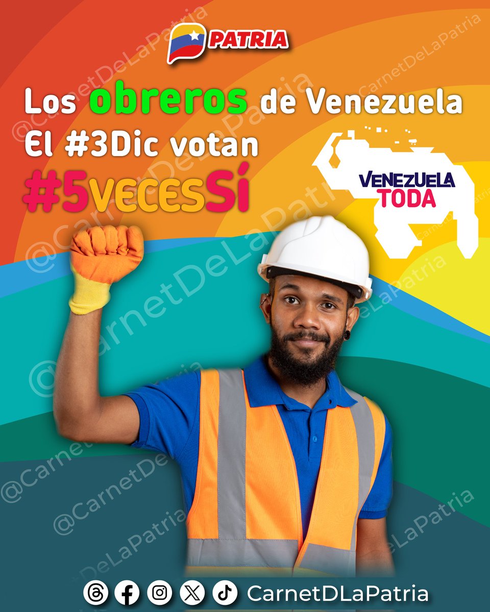 Somos un pueblo aguerrido, trabajador, que lucha para proteger y defender la Patria que nos vió crecer, porque nuestra tierra es Venezuela toda. Desde el #SistemaPatria exaltamos el compromiso de las y los obreros, que el #3Dic Vota #5VecesSí. #DiosTeBendigaMaduro #23Nov