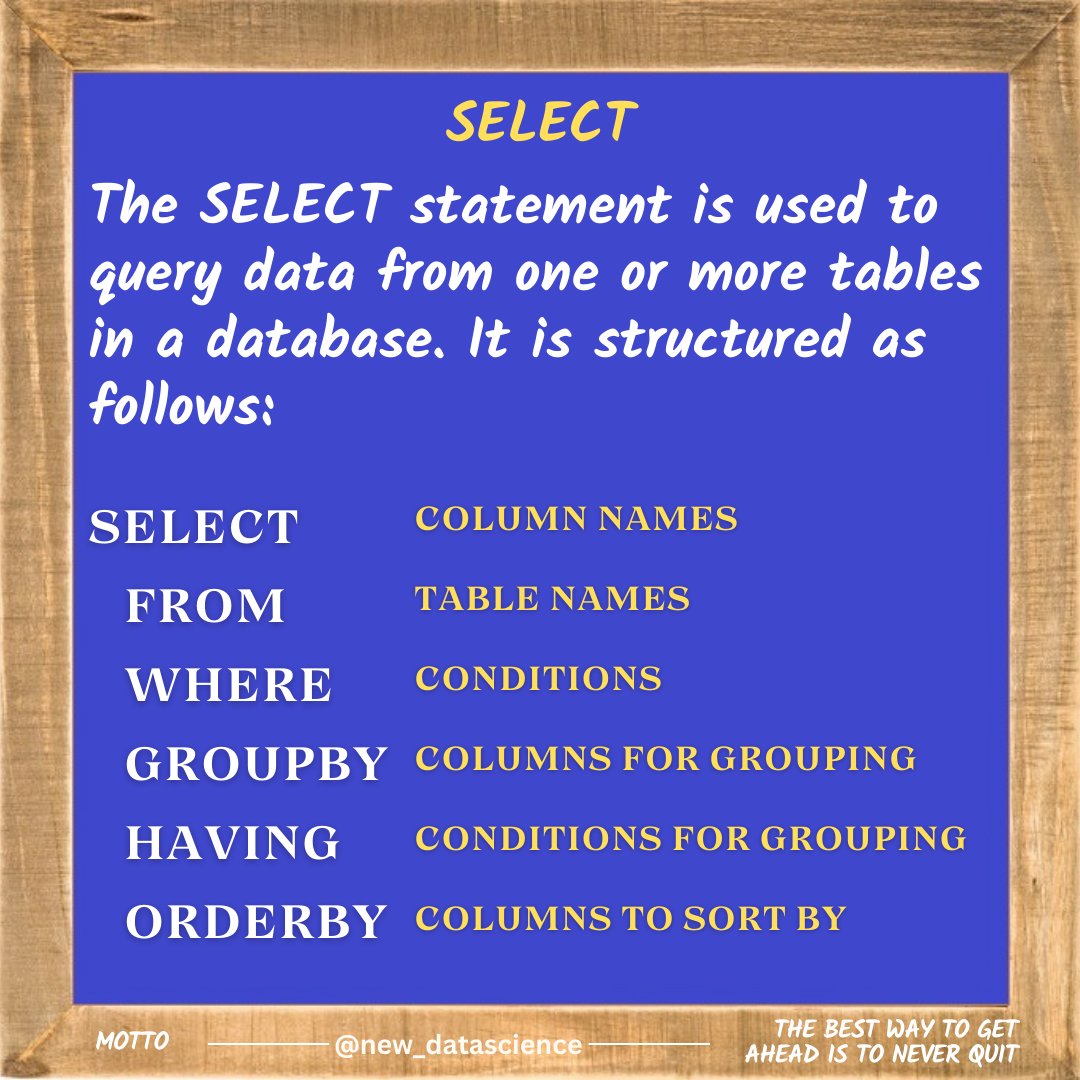 newdatadiary's tweet image. Follow @new_datascience for everyday learning! #SQL #Dataanalytics #Datascience #database #python #math #machinelearning